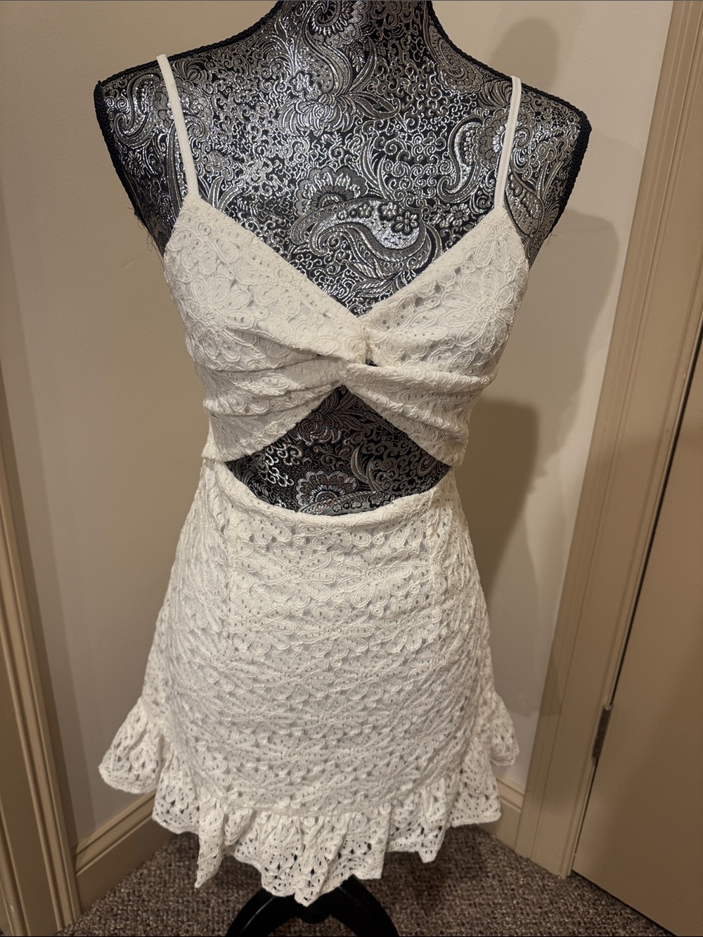 White Lace Cutout Mini Dress with Twist Front